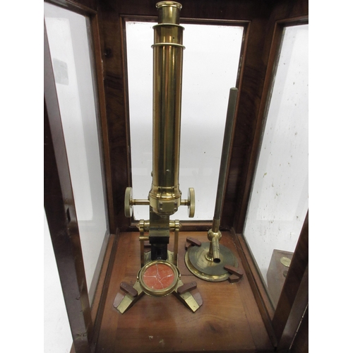 1196 - 19th century Amadio brass monocular microscope with coarse and fine rack and pinion adjust and two e... 