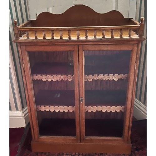 1335 - Edwardian golden oak bookcase, galleried top with arched cresting above a pair of glazed doors, inte... 