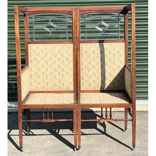 1345 - Unusual Edwardian boudoir seat, hinged mahogany frame with bevelled glass panels and upholstered sea... 