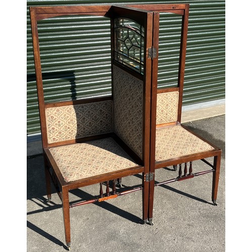 1345 - Unusual Edwardian boudoir seat, hinged mahogany frame with bevelled glass panels and upholstered sea... 