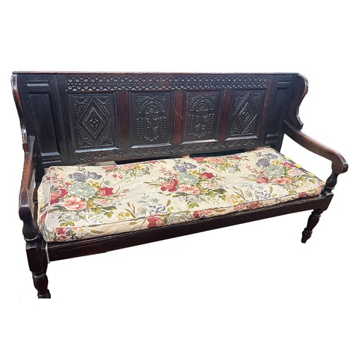 1315 - 17th century oak settle, panelled wing back relief carved RM IM 1660, rope slung seat with open arms... 