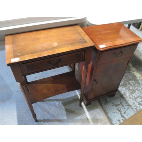 509 - Yew wood style bedside cabinet with single drawer above cupboard, similar two tier side table with s... 