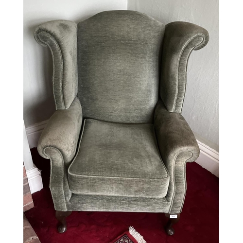 534 - George III style upholstered wing back armchair with loose seat cushion on cabriole legs