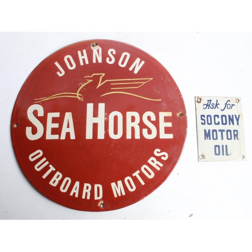 115 - Two single sided enamel signs. 'Sea Horse Outboard motors'. 15cm. 'Socony Motor oil'. 11cmx15cm