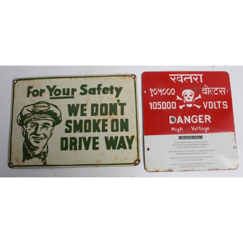 117 - Two single sided enamel signs. 'We Don't Smoke on Driveway'.36cmx26cm. 'Danger High Voltage'. 26cmx2... 