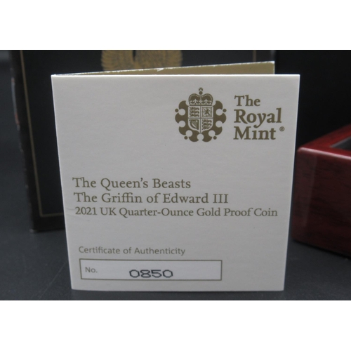 602 - The Royal Mint - The Queen's Beasts: The Griffin of Edward III 2021 UK Quarter-Ounce Gold Proof £25 ... 