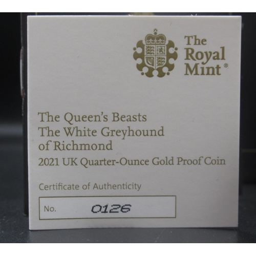 605 - The Royal Mint - The Queen's Beasts: The White Greyhound of Richmond 2021 UK Quarter-Ounce Gold Proo... 