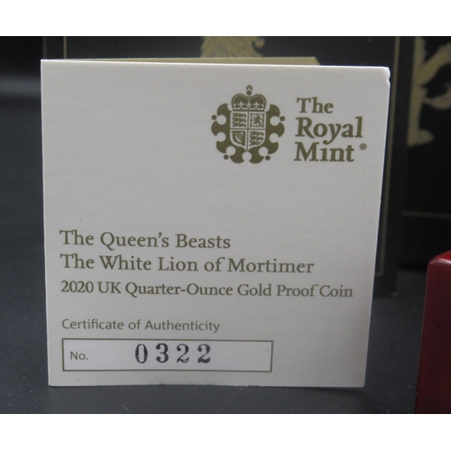 606 - The Royal Mint - The Queen's Beasts: The White Lion of Mortimer 2020 UK Quarter-Ounce Gold Proof £25... 