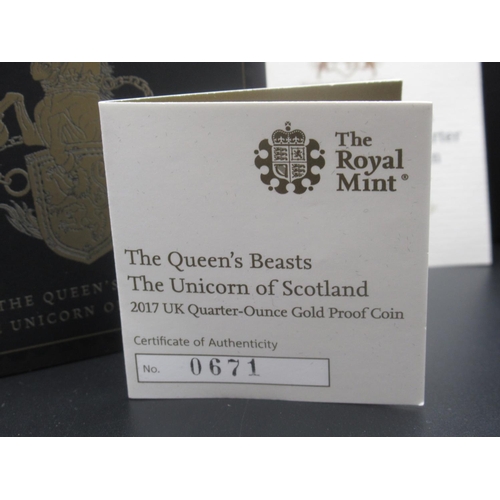608 - The Royal Mint - The Queen's Beasts: The Unicorn of Soctland 2017 UK Quarter-Ounce Gold Proof £25 Co... 