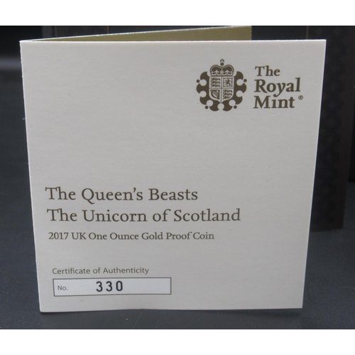 609 - The Royal Mint - The Queen's Beasts: The Unicorn of Scotland 2017 UK One Ounce gold proof £100 Coin,... 
