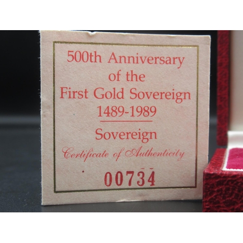 655 - The Royal Mint - 500th Anniversary of the First Gold Sovereign 1489-1989 Full Sovereign, in issue ca... 