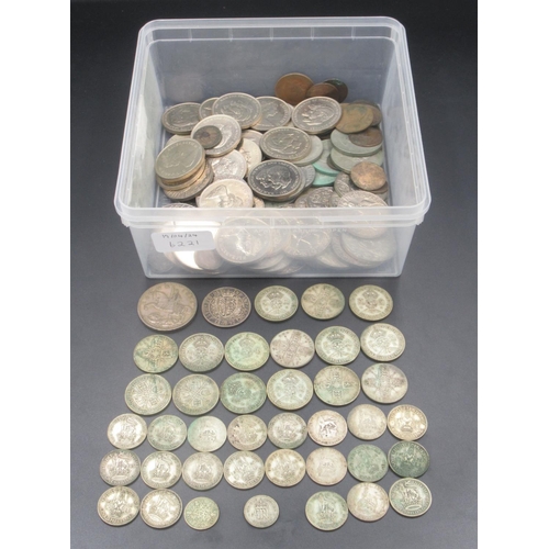 768 - Assorted collection of British coins with 40 Pre-1947 silver content coins inc. a 1897 Half-Crown (g... 