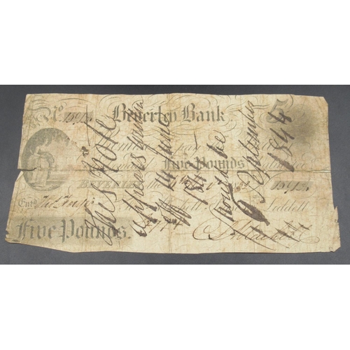 787 - Beverley Bank 1814 Five Guinea Bank Note, Beverley Bank 1882 Five Pound bank note and a postcard of ... 