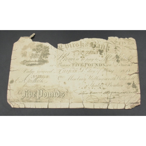 787 - Beverley Bank 1814 Five Guinea Bank Note, Beverley Bank 1882 Five Pound bank note and a postcard of ... 