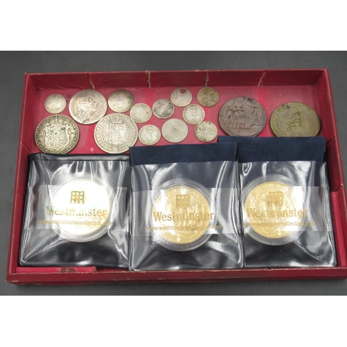 774 - Assorted collection of coins in a mahogany box to inc. 3 Westminster gilt proof The Golden Jubilee £... 