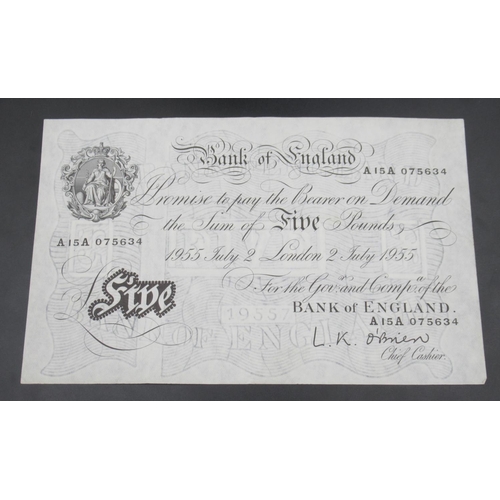 786 - Bank of England 'White' £5 note 1955, signed O'Brien, serial prefix A15A, London 2 July 1955