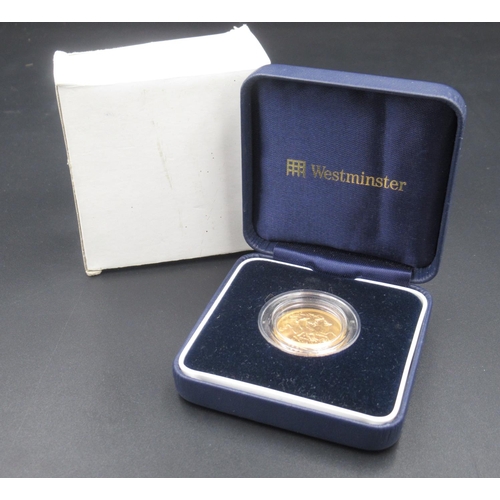 625 - Elizabeth II 1965 sovereign, encapsulated and in a Westminster coin box