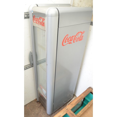 124 - Modern ex café Coca-Cola branded glass fronted fridge in working order, H189xW50xD67cm