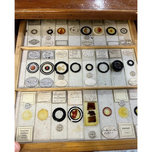 1195 - Early 20th century pine microscope slide cabinet, the twenty-one numbered drawers containing a colle... 