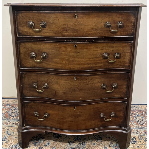 694 - Small George 111 style mahogany serpentine chest of four long cockbeaded drawers with brass swan nec... 