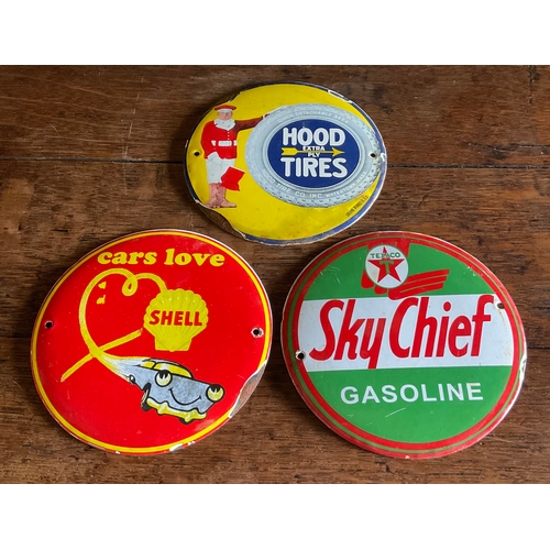 87A - Three button type advertising enamel signs, Shell, Hood Tires and Sky Chief (3)