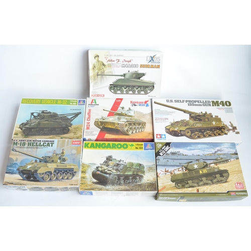 19 - Seven unstarted 1/35 scale WWII and Korean War US armour plastic model kits from Tamiya, Dragon, Ita... 