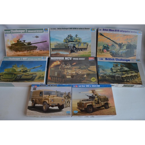 28 - Eight unbuilt 1/35 modern British tank and armoured vehicle plastic model kits to include an 4x Trum... 