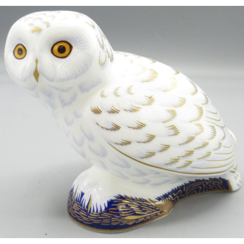 Royal Crown Derby 'Snowy Owl' paperweight, Collectors Guild exclusive, gold stopper, H9.5cm