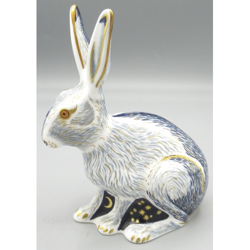 Royal Crown Derby 'Starlight Hare' paperweight, Collectors Guild exclusive, gold stopper, H13cm