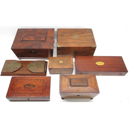 256 - Various wooden boxes incl. writing slope with black leather surface, sewing work box, brass mounted ... 