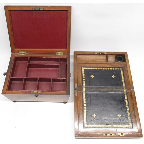 256 - Various wooden boxes incl. writing slope with black leather surface, sewing work box, brass mounted ... 