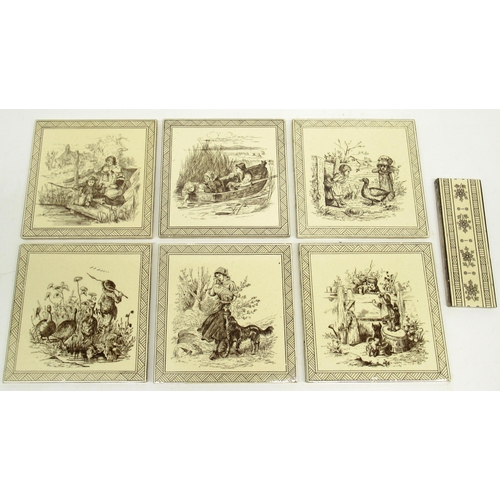 262 - Six Minton Hollins Victorian pictural tiles depicting children in the countryside, 15x15cm, and six ... 