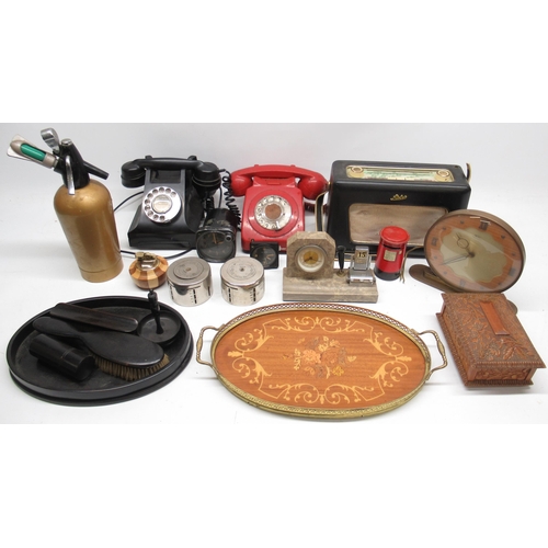 266 - Mid century collectables incl. two vintage telephones, Roberts radio, music box, WWII Kollsman c-13 ... 