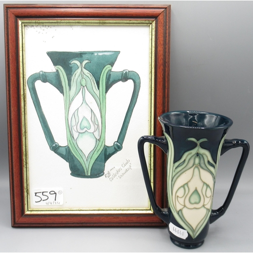 Moorcroft Pottery: twin handled 'Snowdrop' pattern vase designed by Rachel Bishop for M.C.C, H15cm, and a framed original sketch of the design by the artist, initialled 'RJB', with note verso 'Sold to Noel Hilliard by Eric Knowles, Moorcroft Pottery Day 5th June 1994', with caricature portrait (2)