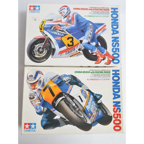 61 - Two unbuilt 1/12 scale Honda NS500 motorcycle plastic model kits with included driver figures from T... 