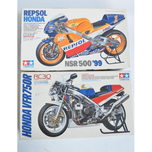 62 - Two unbuilt 1/12 scale racing Honda motorcycle plastic model kits from Tamiya to include 14077 Repso... 