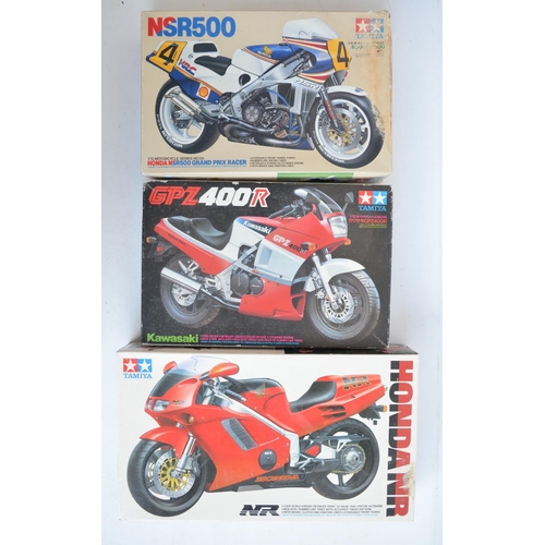 65 - Three unbuilt 1/12 scale plastic model motorcycle kits from Tamiya to include 14060 Honda NR, 1445 K... 