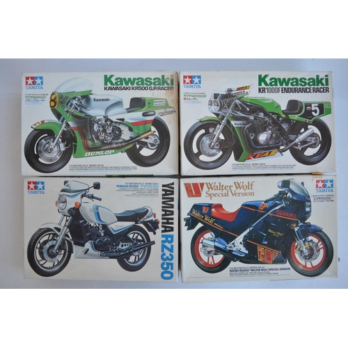 66 - Four unbuilt 1/12 scale plastic model motorcycle kits from Tamiya to include 14012 Kawasaki KR1000F ... 