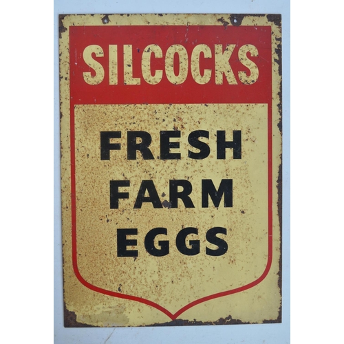 65 - Vintage double sided printed steel plate advertising sign for Silcocks Fresh Farm Eggs (not enamel),... 