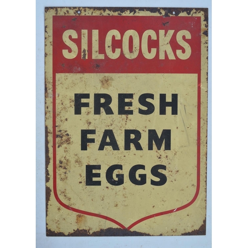 65 - Vintage double sided printed steel plate advertising sign for Silcocks Fresh Farm Eggs (not enamel),... 