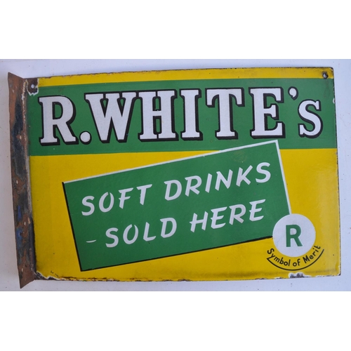 69 - Double sided plate steel enamel advertising sign for R.White's Soft Drinks Sold Here with right angl... 