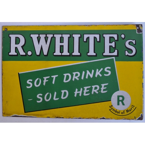 69 - Double sided plate steel enamel advertising sign for R.White's Soft Drinks Sold Here with right angl... 