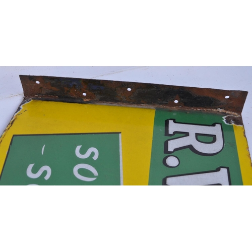 69 - Double sided plate steel enamel advertising sign for R.White's Soft Drinks Sold Here with right angl... 