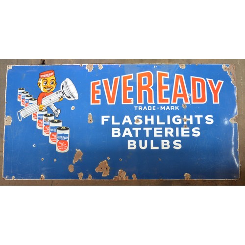 77 - Large enamel steel plate advertising sign for Eveready Flashlights, Batteries and Bulbs, 182.5x91.2c... 