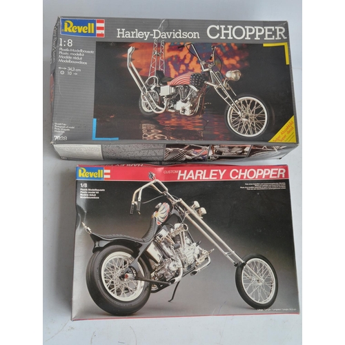 76 - Two 1/8 scale Revell Custom Harley Davidson Chopper motorbike plastic model kits, 7928 and 7911, all... 