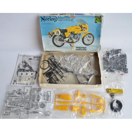 86 - Three 1/9 scale Norton motorbike model kits from Protar to include an unopened 500cc (box good, wrap... 