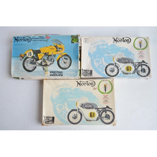 86 - Three 1/9 scale Norton motorbike model kits from Protar to include an unopened 500cc (box good, wrap... 