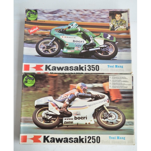 98 - Two unbuilt 1/9 scale Kawasaki plastic motorbike model kits from Protar to include a 250 Toni Mang W... 