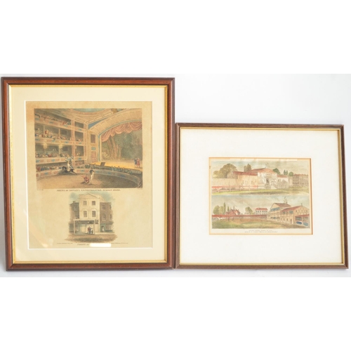 1163 - Two framed prints, to include internal and external front view of Astley's Amphitheatre by Robert Wi... 