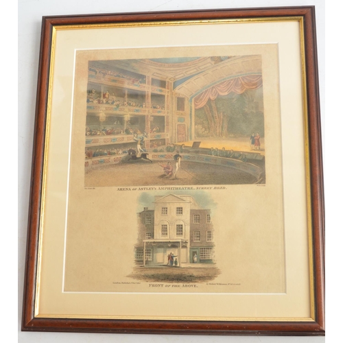 1163 - Two framed prints, to include internal and external front view of Astley's Amphitheatre by Robert Wi... 